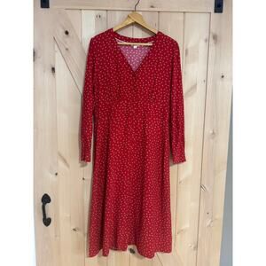 Boden | Elsie Red Gold Polka Dot Long Sleeve Button Front Midi Dress | Size 10